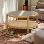 Rattan Design Coffee Table and Side Table | Solid Rubberwood | Rattan Base And Rainbow Glass Top - Image 4