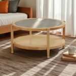 Rattan Design Coffee Table and Side Table | Solid Rubberwood | Rattan Base And Rainbow Glass Top - Image 10