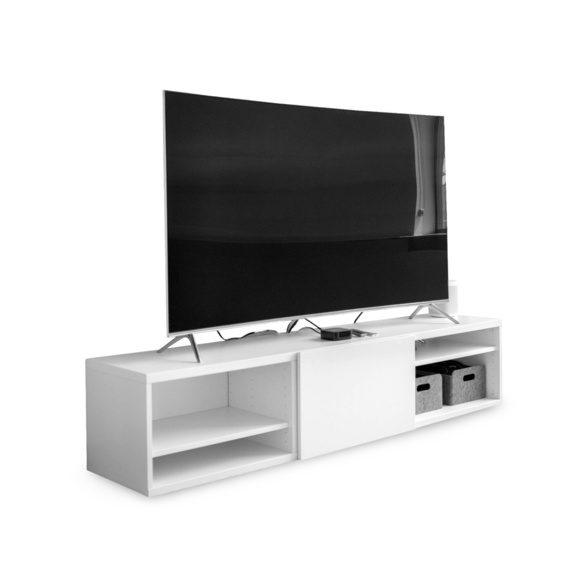 gray flat screen TV on white TV stand W @LuzanoFurniture