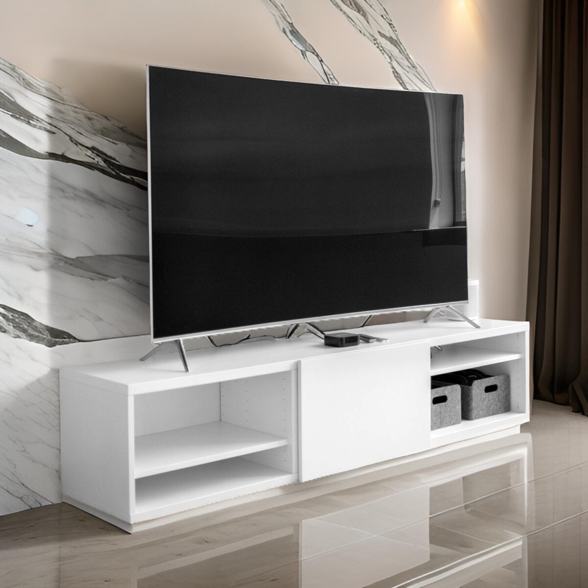 gray flat screen TV on white TV stand scaled 1738468560958 @LuzanoFurniture