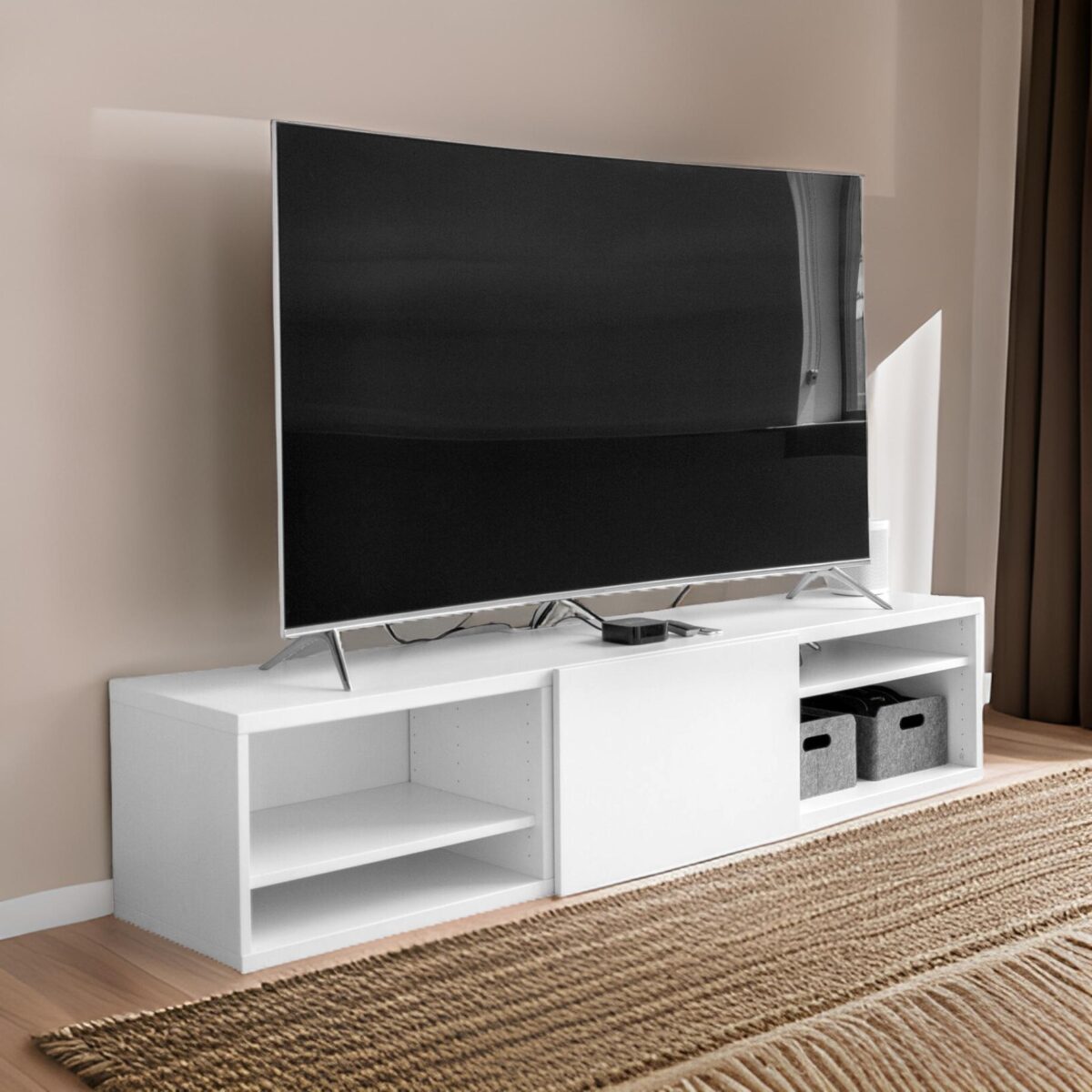 gray flat screen TV on white TV stand scaled 1738468613106 @LuzanoFurniture