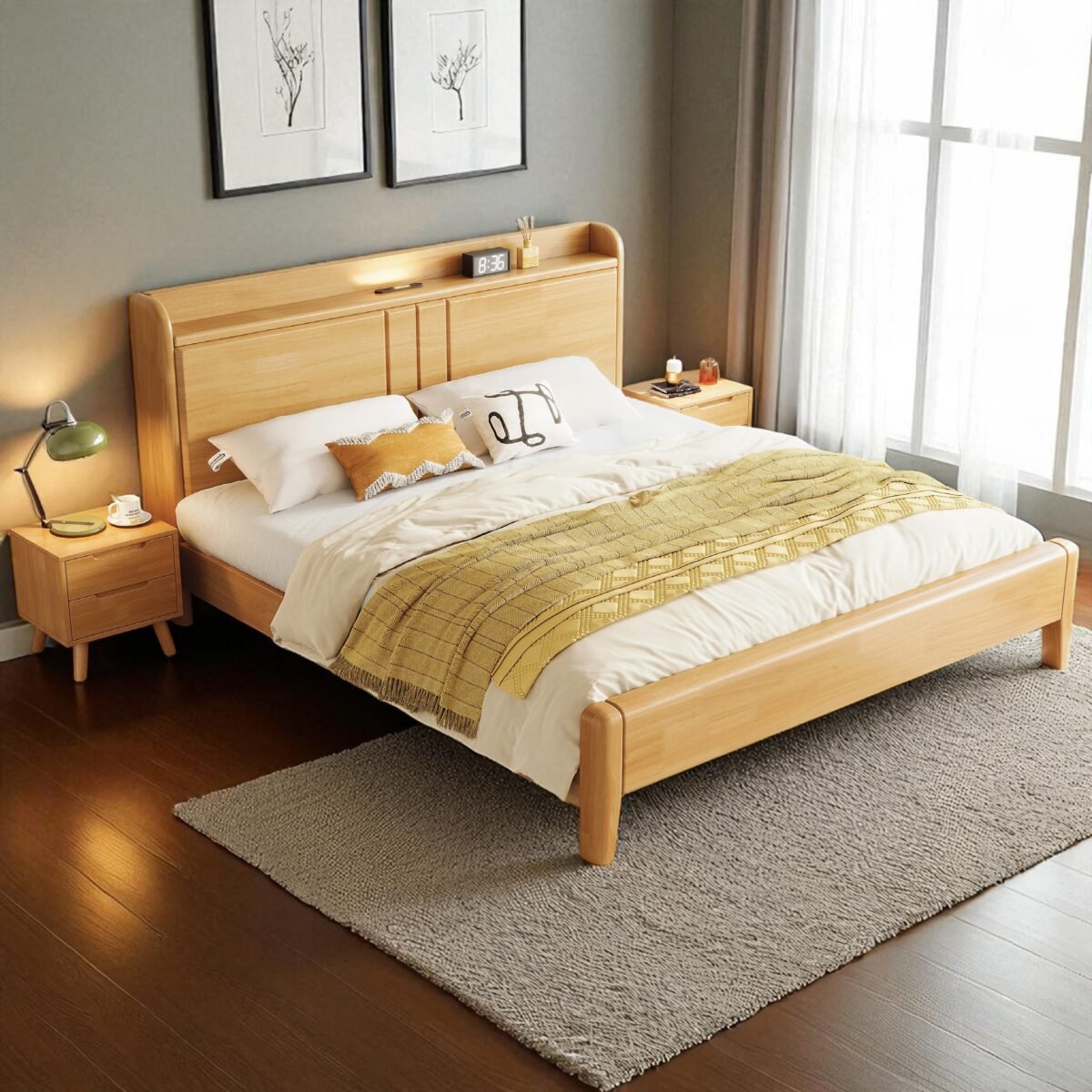 Solid Wooden Bedframe with USB and Lighted Headboard - Image 5