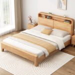 Solid Wood Storage Headboard Bed Frame – Natural & Walnut | Queen & King Sizes - Image 3