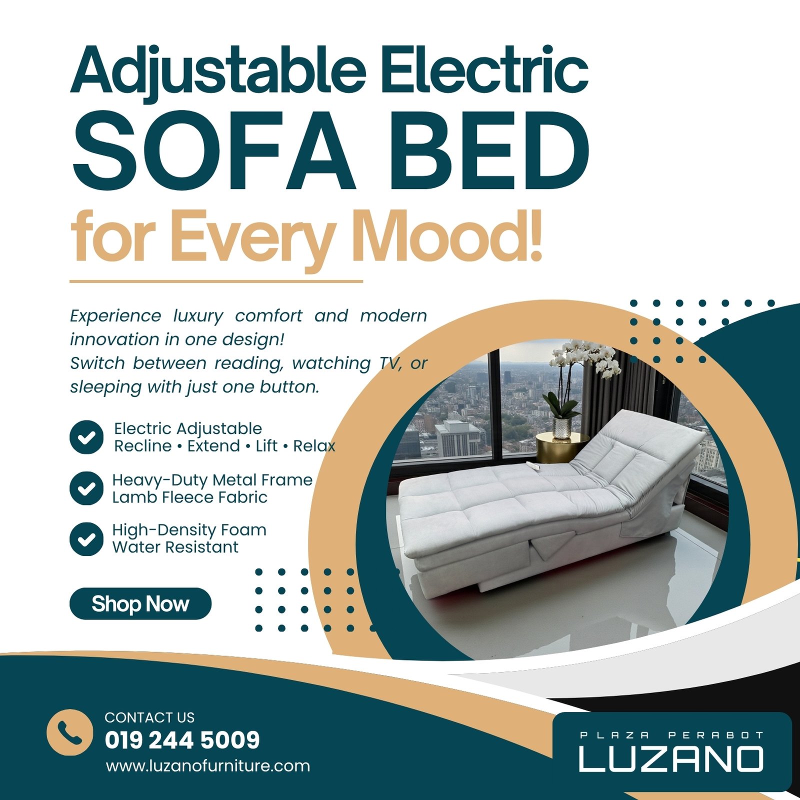 Multi-Functional Electric Sofa Bed | Adjustable Recliner | Lamb Fleece Fabric | Extendable & Foldable | Ergonomic Design 3 Adjustable Electric Sofa Bed 1 @LuzanoFurniture