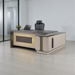 Executive Office Writing Desk + Ergonomic Chair | Modern Office Table | Walnut + Khaki | Adjustable Chair - Image 4