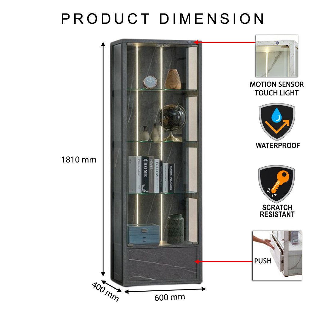 Modern Display Cabinet with Motion Sensor Light 2 FU 181N Marble Grey Size @LuzanoFurniture
