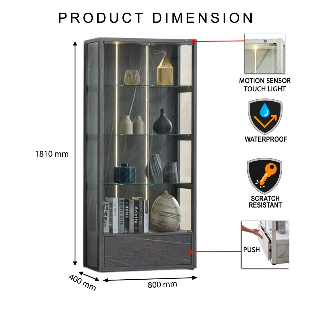Modern Display Cabinet with Motion Sensor Light 3 FU 182N Marble Grey Size @LuzanoFurniture
