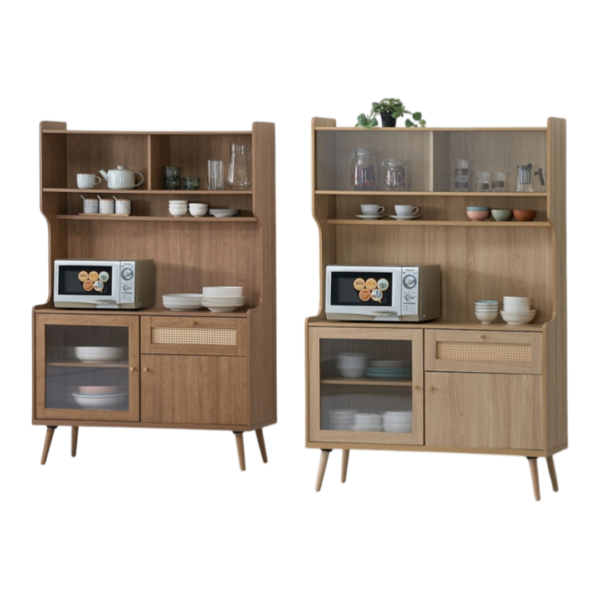 120cm Buffet Cabinet with Glass Display & Microwave Shelf – Kitchen Storage Cabinet Malaysia (Hazel Oak / Light Walnut)
