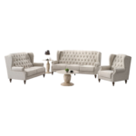 Royal Chesterfield Classic Tufted Sofa Collection – 3-Piece Set with Nesting Marble Coffee Table (Khaki/Dark Grey)