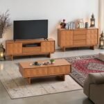 Modern Golden/ White Teak Coffee Table TV Cabinet Sideboard Set | Living Room Furniture Set | Storage Cabinet - Image 9