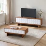 Modern Golden/ White Teak Coffee Table TV Cabinet Sideboard Set | Living Room Furniture Set | Storage Cabinet - Image 11