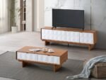 Modern Golden/ White Teak Coffee Table TV Cabinet Sideboard Set | Living Room Furniture Set | Storage Cabinet - Image 6