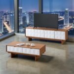 Modern Golden/ White Teak Coffee Table TV Cabinet Sideboard Set | Living Room Furniture Set | Storage Cabinet - Image 12