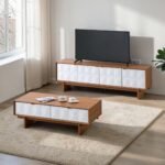 Modern Golden/ White Teak Coffee Table TV Cabinet Sideboard Set | Living Room Furniture Set | Storage Cabinet - Image 13