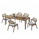 Complete Scandinavian Solid Wood Dining Set | 6-Seater Table & Rattan Chairs